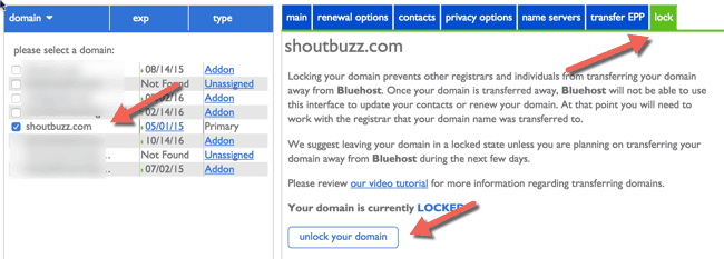 unlock domain on Bluehost